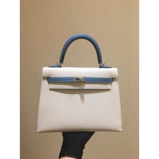 Kelly25cm silver epsom leather milkshake white spell denim blue
