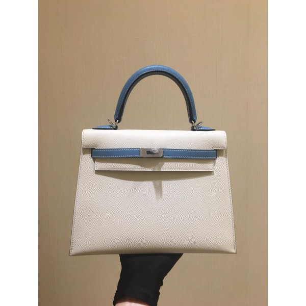 Kelly25cm silver epsom leather milkshake white spell denim blue