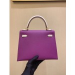 Kelly25cm brushed hardware epsom horseshoe print leather P9 sea anemone purple with ck10 milkshake white