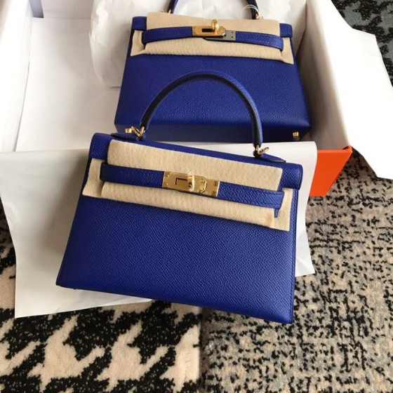 Mini second generation electric blue original epsom leather gold buckle