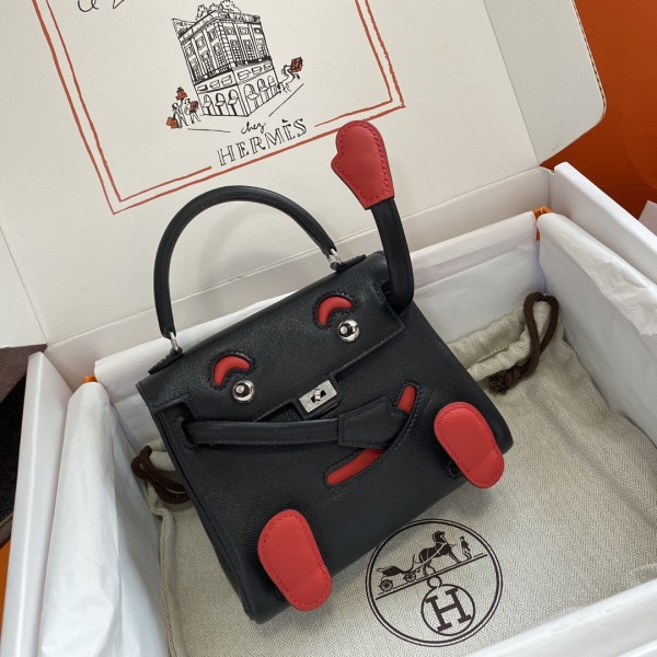 Kelly doll doll bag swift black red silver buckle