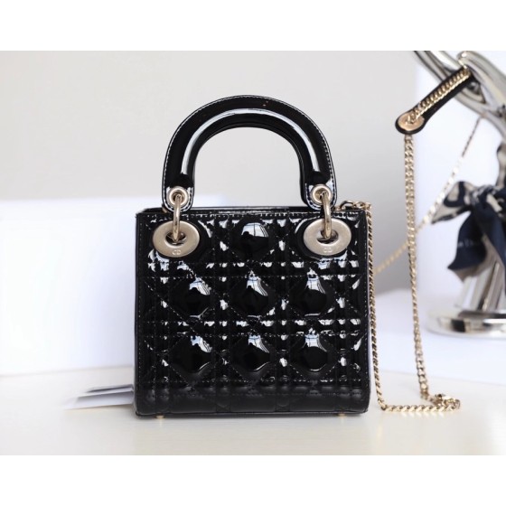 Black Gold  Lady Dior vine check patent leather cow leather mini handbag