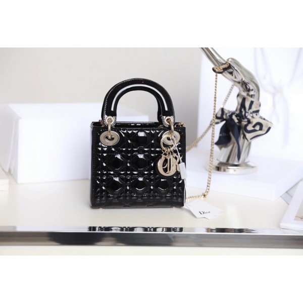 Black Gold  Lady Dior vine check patent leather cow leather mini handbag
