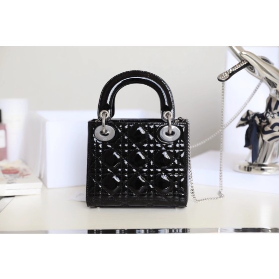 Black and Silver  Lady Dior vine check patent leather cow leather mini handbag