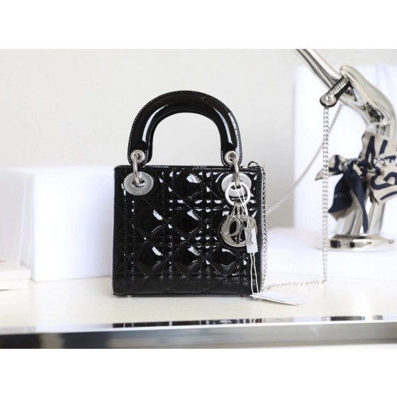 Black and Silver  Lady Dior vine check patent leather cow leather mini handbag