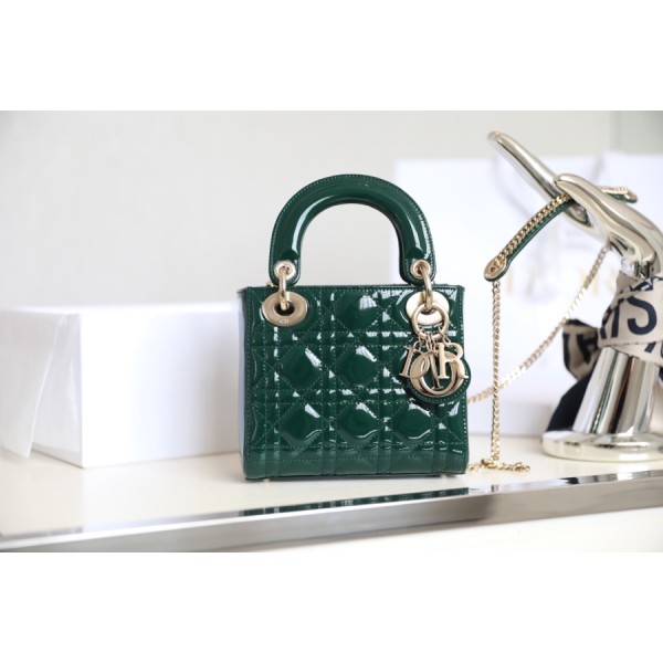 Emerald  Lady Dior vine check patent leather cow leather mini handbag