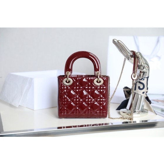 Wine Red  Lady Dior vine check patent leather cow leather mini handbag