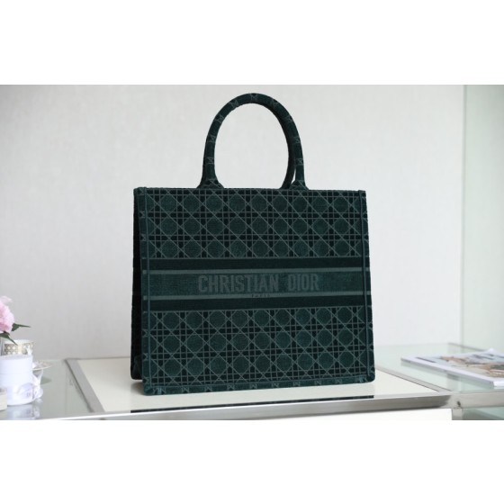 DIOR TOTE embroidered vine check pattern dark green velvet