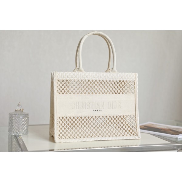 DIOR TOTE beige and white mesh fabric embroidery
