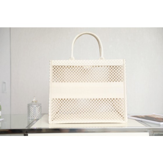 DIOR TOTE beige and white mesh fabric embroidery