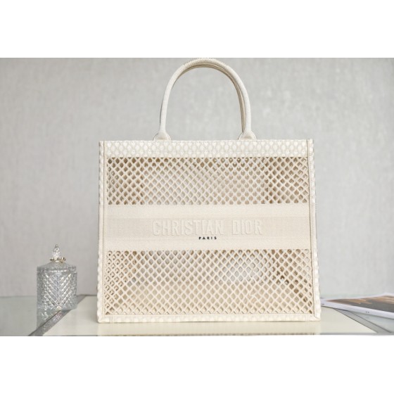DIOR TOTE beige and white mesh fabric embroidery