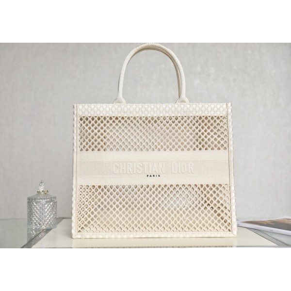 DIOR TOTE beige and white mesh fabric embroidery