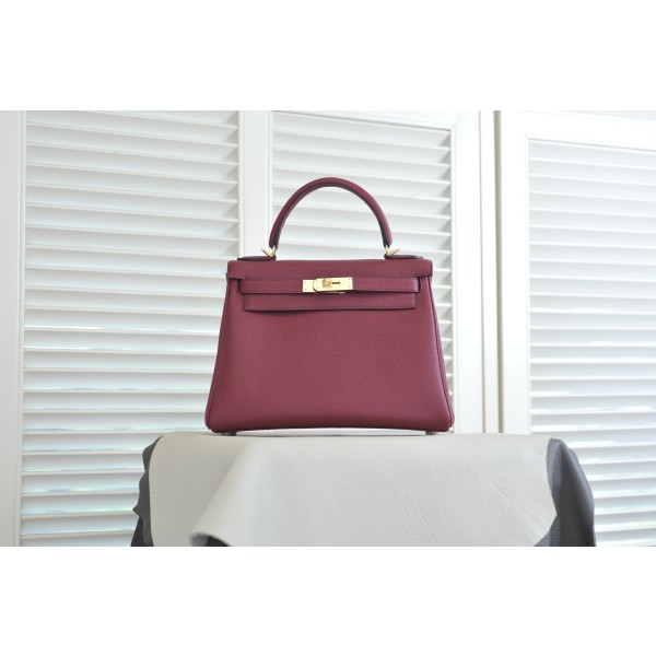 Kelly28 garnet red togo leather gold buckle