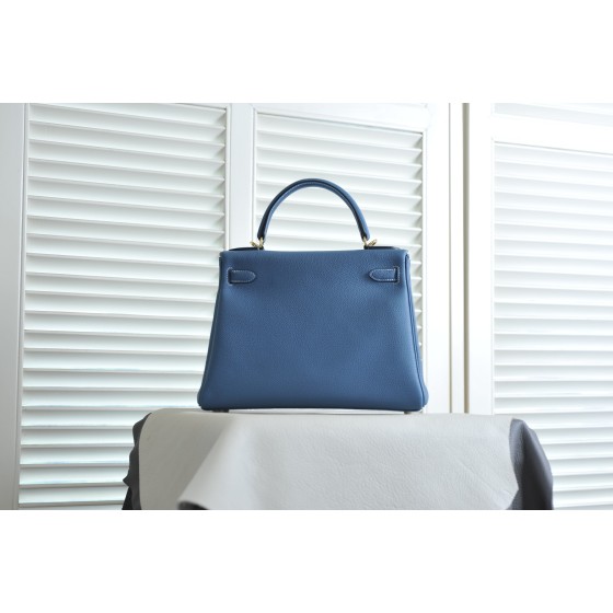 Kelly 28 denim blue togo leather gold buckle