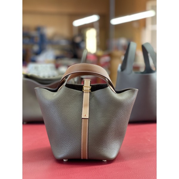 picotin18cm elephant gray and golden brown tc and swift leather gold buckle