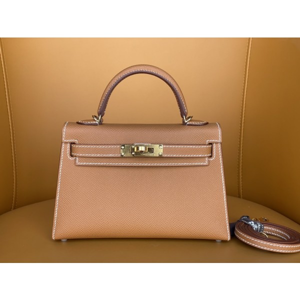 Mini Kelly 2nd generation gold brown gold buckle epsom leather