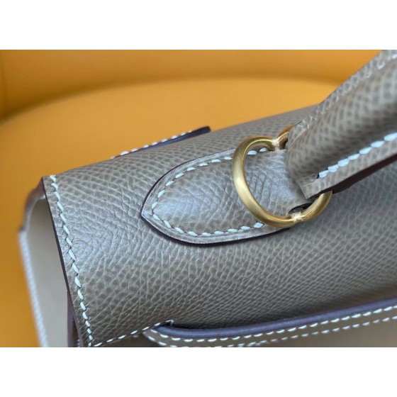 Kelly25 Elephant gray epsom leather with amber yellow inside and frosted gold buckle