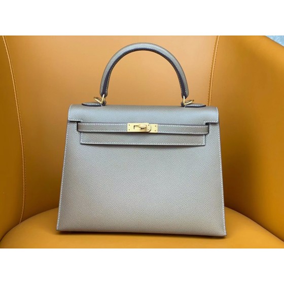Kelly25 Elephant gray epsom leather with amber yellow inside and frosted gold buckle