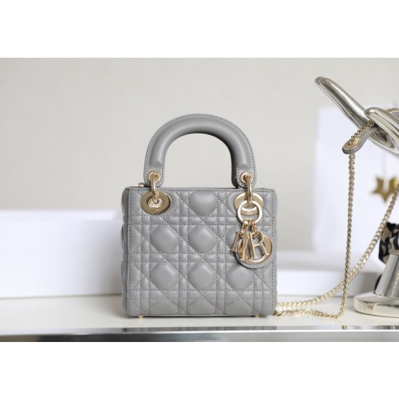 Lady grey rattan checkered lacquered GR original sheepskin mini Three compartments