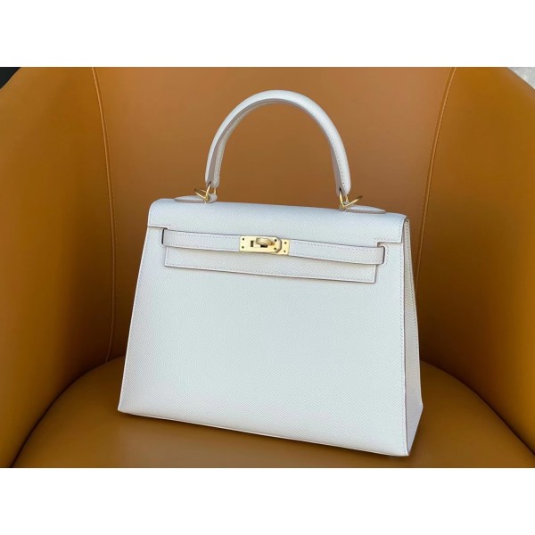 Kelly25 milkshake white epsom leather matte gold buckle