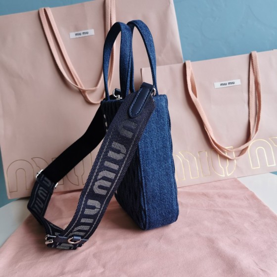 MIU MIU 5BA220 Latest Embroidered Denim Little Tote