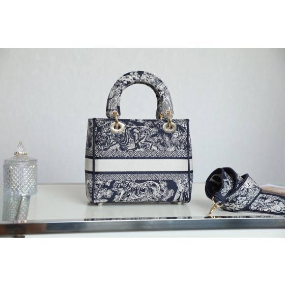 DIOR LADY-D-LITE five compartment toffee bag embroidered tiger blue