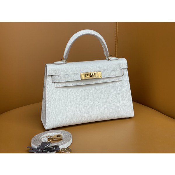 Mini Kelly second generation milkshake white gold buckle epsom leather