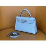 mini Kelly second generation haze blue epsom leather silver buckle
