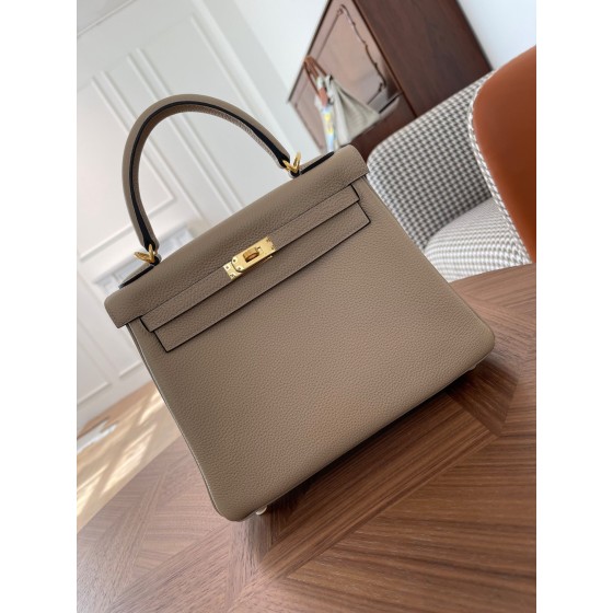 Kelly25 trench coat gray togo leather gold buckle