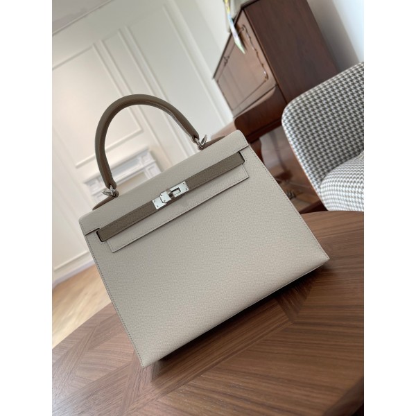 Kelly25 milkshake white dove gray epsom leather silver buckle
