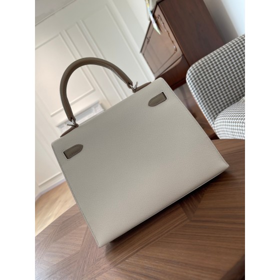Kelly25 milkshake white dove gray epsom leather silver buckle