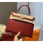Kelly25 imported box leather Hermes red full handmade silver buckle