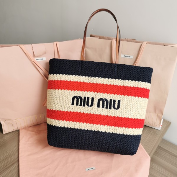 MIU MIU BG228: Imported Lafite Grass Woven Cotton Thread Woven Tote Bag