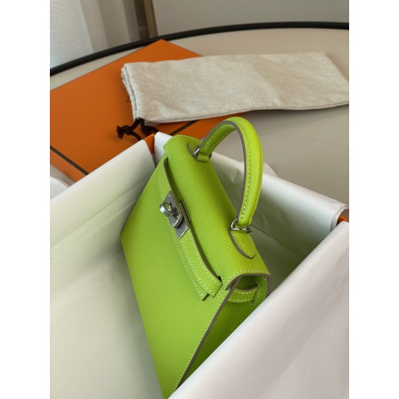 Mini Kelly second generation kiwifruit green epsom leather silver buckle