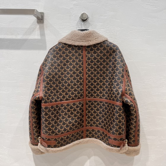 Celine Arc de Triomphe logo printed fur one piece jacket