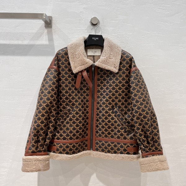 Celine Arc de Triomphe logo printed fur one piece jacket