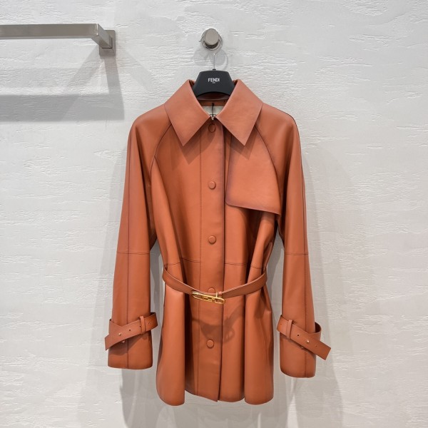 Fendi Style Long Belt Leather Windbreaker