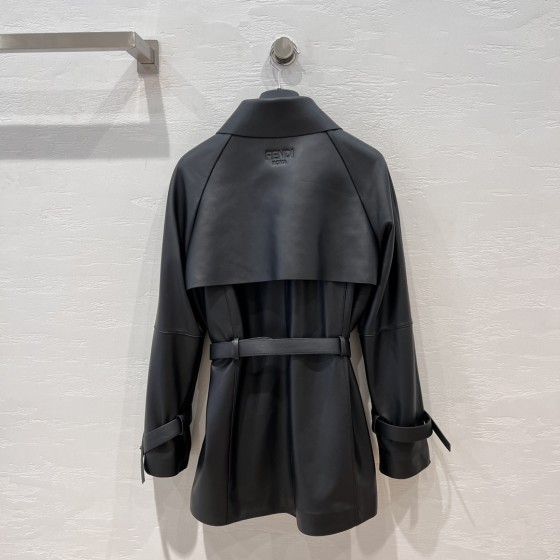 Fendi Style Long Belt Leather Windbreaker