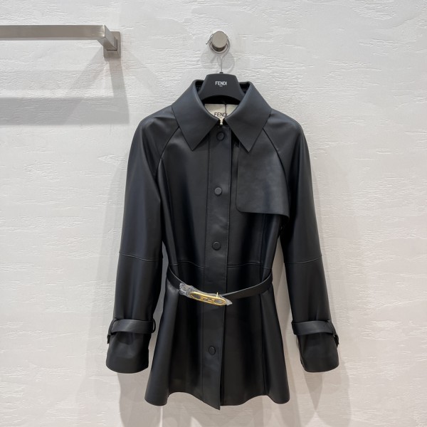Fendi Style Long Belt Leather Windbreaker