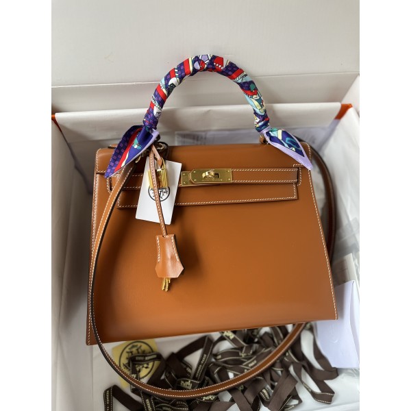 Kelly28cm Golden Brown Gold Buckle Box Leather