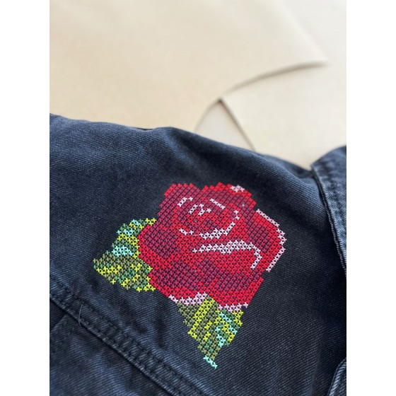 Drew House Rose Skeleton Pirate Embroidered Printed Denim Flocking Coat