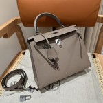 Kelly25cm, asphalt gray, palm grain leather, silver buckle