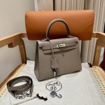 Kelly25cm, asphalt gray, palm grain leather, silver buckle