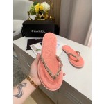 CHANEL denim chain herringbone slippers