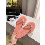 CHANEL denim chain herringbone slippers