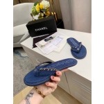 CHANEL denim chain herringbone slippers