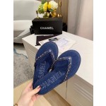 CHANEL denim chain herringbone slippers