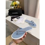 CHANEL denim chain herringbone slippers