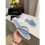 CHANEL denim chain herringbone slippers