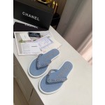 CHANEL denim chain herringbone slippers